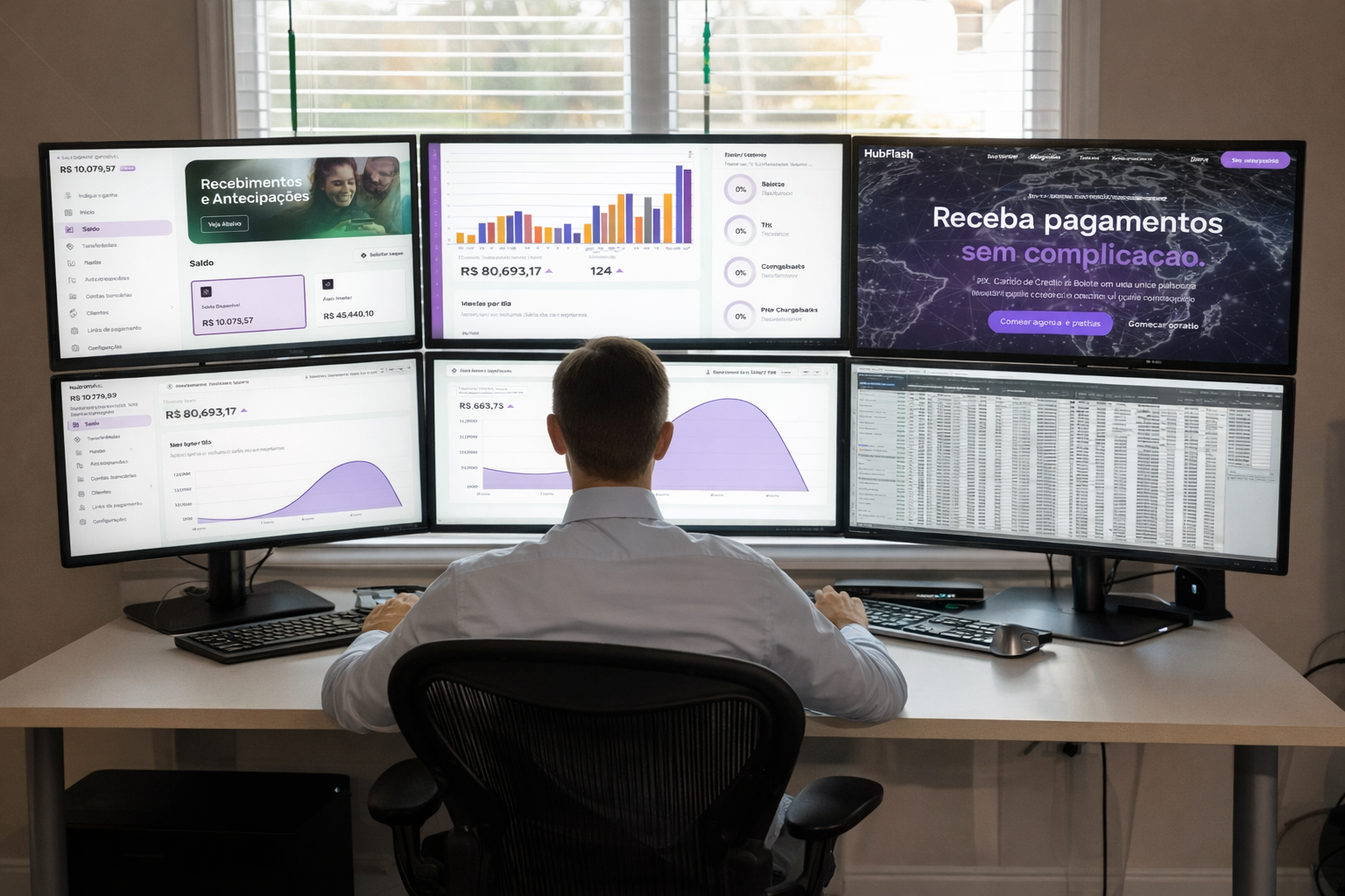 Dashboard HubFlash em múltiplos monitores